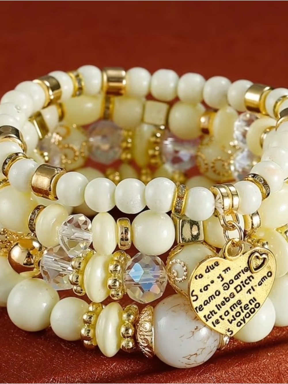 Elegant Ivory and Gold Beaded Heart Charm Bracelet Set